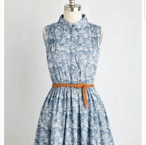 Blue and white floral button up dress with belt